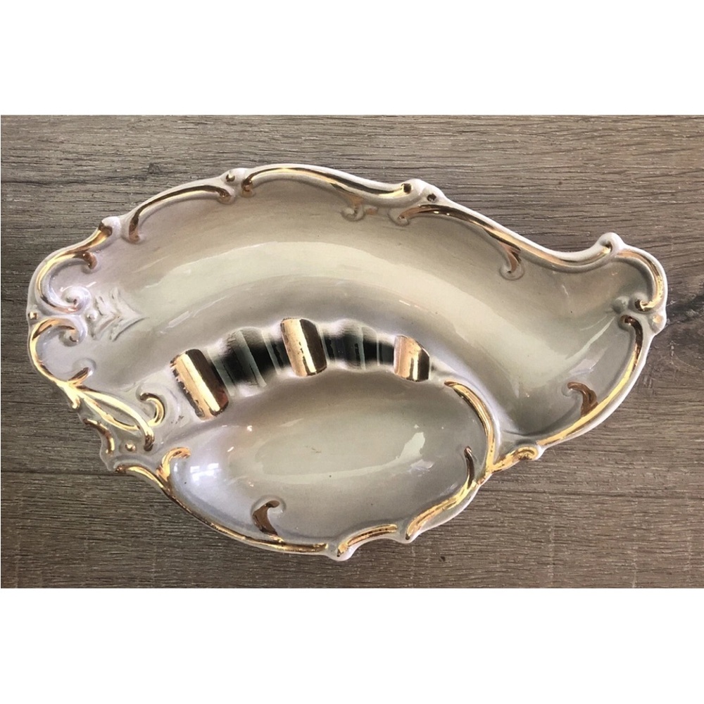 Vintage Lefton Ashtray Hollywood Regency‎ #3357 Gray Gold Trim Made In Japan